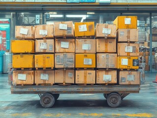 cardboard box packages neatly arranged on a trolley, representing logistics and distribution services, illustrated in a clean, modern style that emphasizes efficiency and organization in transport