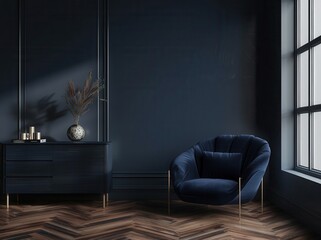 Modern minimalist interior design of a living room in dark blue color with furniture and decor,