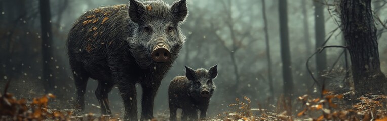 Wall Mural - Wild boar mother and babies captured in golden light in forest scene