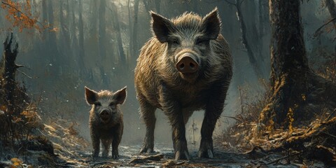 Wall Mural - Wild boar mother and babies captured in golden light in forest scene