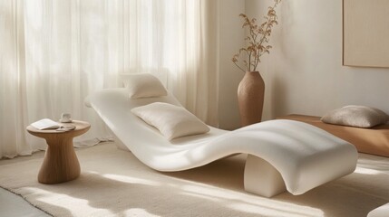Aufkleber - A sleek, modern lounge chair with soft cushions sits in a bright room