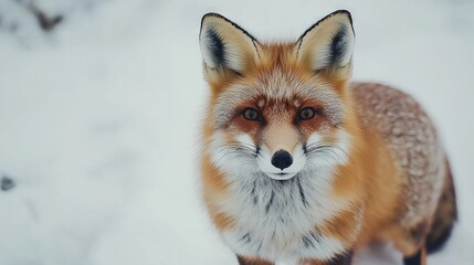   A red fox gazes curiously at the camera in a snowy landscape