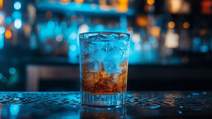 Close-up of a glass of whiskey with ice on a bar counter.