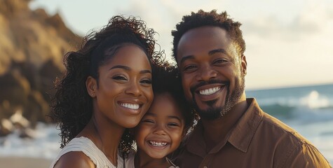 Joyful family portrait on the beach capturing a mother, father, and daughter smiling together under the sun