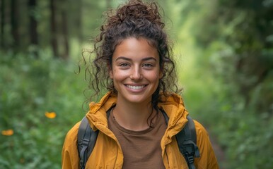 Portrait of a smiling woman with curly hair wearing a yellow jacket, enjoying a refreshing outdoor walk among lush greenery, exuding warmth and happiness