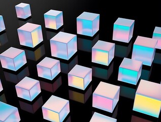 A set of 3D glass square shapes exhibiting refraction and holographic light dispersion, isolated on a black background for a transparent crystal effect (22)