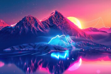 Wall Mural - a mountain range with a large red circle in the sky, generative ai image