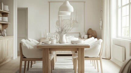 Aufkleber - A spacious dining area features a wooden table set with simple dishware, surrounded by upholstered chairs. Soft natural light filters through large windows, enhancing the serene atmosphere.