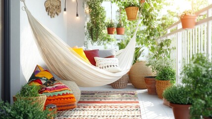 Poster - A serene balcony features a soft hammock adorned with colorful pillows. Surrounding it are various potted plants and decorative baskets filled with greenery, creating a tranquil outdoor space.