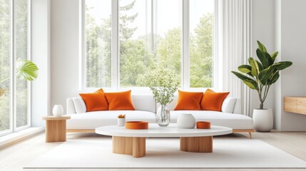 Poster - The image showcases a contemporary living room with a white sofa featuring orange throw pillows
