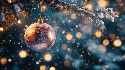 Shimmering Christmas ornament with snowflakes on evergreen branch. soft bokeh lights in background. winter wonderland.