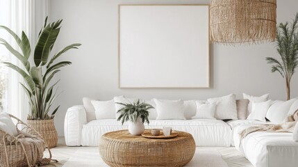 Poster - A serene living room showcases a cozy white couch adorned with cushions, a woven coffee table, and decorative plants. The minimalist space emphasizes natural light and earthy tones.