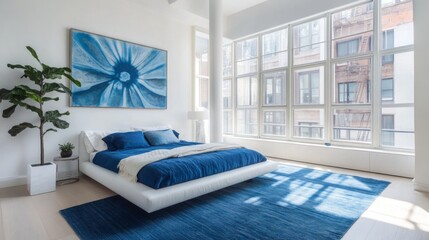 Poster - A modern bedroom with a large, white platform bed and a blue rug. The bed is dressed in blue linens and the rug is a darker blue, creating a calming and contemporary vibe