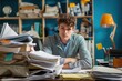 © miss irine - Young male employee sits at a cluttered desk in a cozy office with blue wall, white lamp, and bookshelf. He is engrossed in reading a book, surrounded by papers and books, indicating a busy workday.