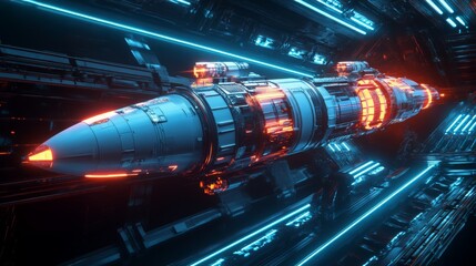 Poster - A sleek, advanced spacecraft glides smoothly through a vibrant, neon-lit tunnel