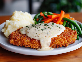 Delicious chicken fried steak with creamy white gravy, mashed potatoes, and fresh steamed vegetables