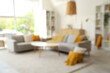 © Pixel-Shot - Blurred view of light living room with grey sofas, table and shelf units