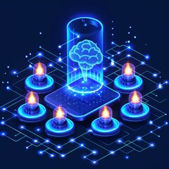 Poster - In a dynamic digital space, a bright brain hovers above a sleek platform, encircled by glowing circuits and flickering lights, evoking an aura of advanced technology and innovation.