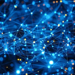 Poster - A mesmerizing web of blue and yellow lights intertwines against a dark backdrop, symbolizing digital communication and interconnected networks
