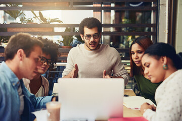 Poster - Business people, brainstorming and cooperation with laptop, coffee shop and brainstorming for project. Employees, coworkers or creative agency in cafe, pc and conversation with company website or app