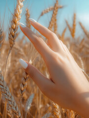 the hand with beautiful manicure on the wheat field background 