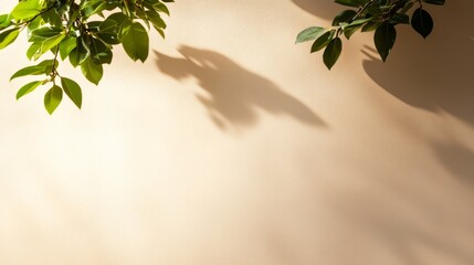 Poster - Large leafy branches create a delicate play of light and shadow on a creamy beige wall, evoking a tranquil ambiance perfect for product displays or mockups