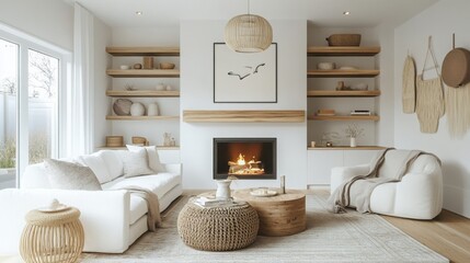 Poster - This living area features a plush white sofa, a wooden coffee table, and a sleek fireplace surrounded by minimal decor. Shelving displays carefully arranged ceramics, creating a cozy atmosphere.