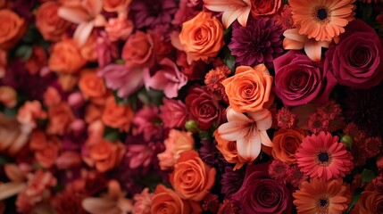 Poster - The arrangement showcases lush roses, lilies, and daisies in rich colors with overlapping petals, illuminated beautifully by soft, natural light, enhancing its organic beauty