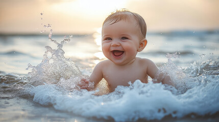 Wall Mural - infant baby boy is playing on the sand at the beach