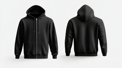 Black zip-up hoodie mockup. Zipper hoodie. Front and back hoodie template