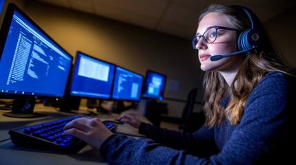 Poster - In a dimly lit call center, a young professional with a headset intensely types on a sleek keyboard. Monitors display customer information, enhancing her concentration
