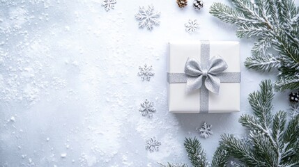 Poster - A flat lay photograph featuring a white gift box with a silver bow, surrounded by evergreen branches with a light dusting of snow