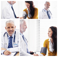 Poster - Doctor, man portrait and patient for blood pressure test in hospital, composite and healthcare. Mature physician, helping woman and medical tool to monitor hypertension, talking and clinic collage