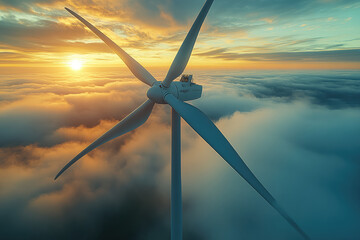 photo of the wind  turbine above the foggy cloud on the top of the mountain 