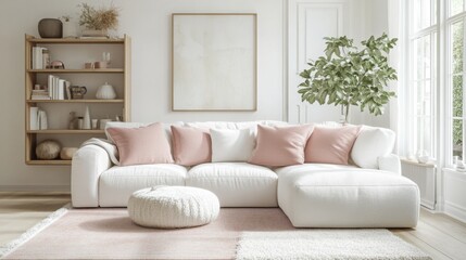 Poster - A stylish living room features a white sectional sofa adorned with soft pink cushions. A minimalist bookshelf holds decorative items, while sunlight floods the space, creating a warm atmosphere.