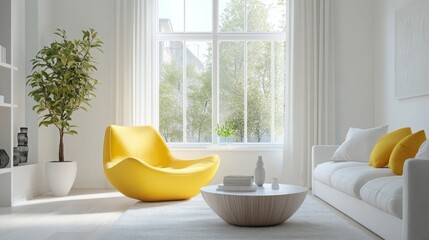 Poster - A spacious living room showcases a unique yellow chair and a white sofa, accented with bright cushions. Sunlight streams through large windows, illuminating the minimalist decor and indoor plants.