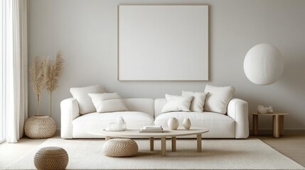Poster - A spacious living room features a cozy white sofa adorned with soft cushions, a round coffee table, and neutral decor. Natural light floods the area, creating an inviting and serene atmosphere.