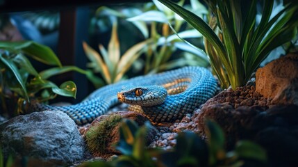 A snake resting in a terrarium, surrounded by rocks and plants, with its vibrant scales reflecting under artificial lighting.