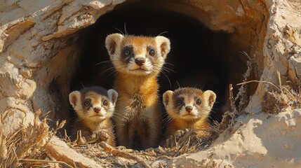 this a mother black-footed ferret and her kits in their burrow in the prairie.