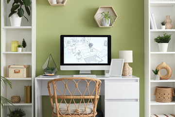 Poster - Interior of designer's office with workplace, shelf units and plants