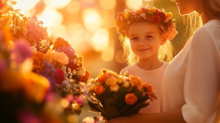 Child and Adult in Floral Attire at Sunset