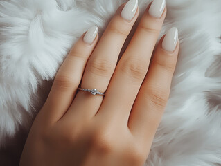 beautiful hand with the well done manicured , wearing a small diamond  engagement ring 