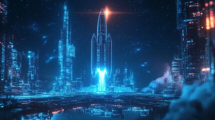 Aufkleber - A sleek rocket stands ready for launch in a glowing, high-tech city. Towering skyscrapers illuminate the night while stars twinkle above, creating a dynamic and captivating atmosphere.