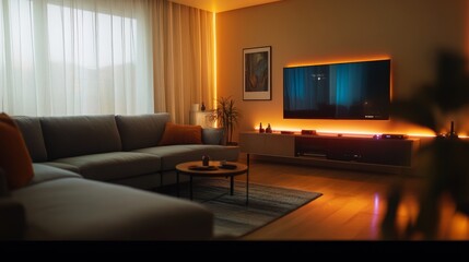 Poster - The inviting living room features a sectional sofa and a coffee table, enhanced by warm LED lighting. Minimalist art adorns the walls, creating a serene ambiance