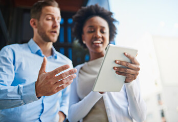 Sticker - Office, tablet and hands of business people in discussion for networking, website and online research. Professional, corporate and worker on digital tech for planning, collaboration and teamwork