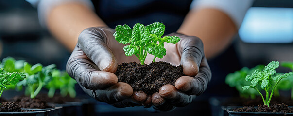 the farmer use his two hands holding the sprout of the vegetable green on the soil 