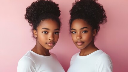 Wall Mural - young African American identical female siblings in standing against pink background and looking at camera 