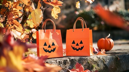 Sticker - Two orange Halloween treat bags featuring jack-o'-lantern designs sit on a stone wall, surrounded by vibrant autumn leaves and pumpkins basking in sunlight, copy space  