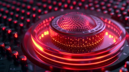 A circular array of glowing red lights with digital, futuristic patterns forms a high-tech scene. The vibrant red glow and detailed arrangement evoke advanced technology or sci-fi themes.