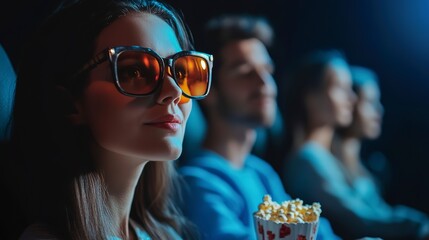 Sticker - selective focus of happy family watching movie with popcorn in cinema 